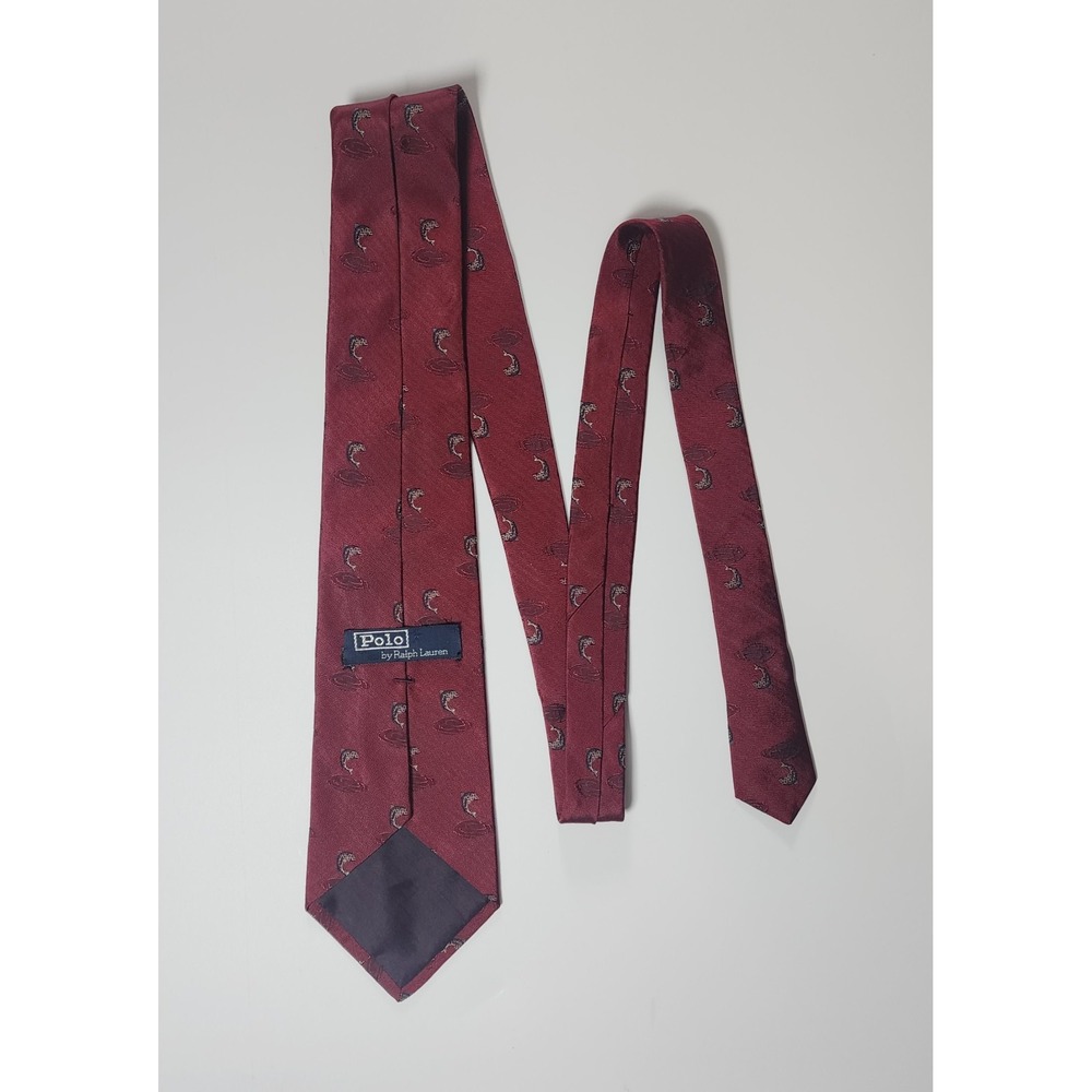 Vintage Polo Ralph Lauren Tie Men Red Silk Nautical Fish All Over Print Handmade
